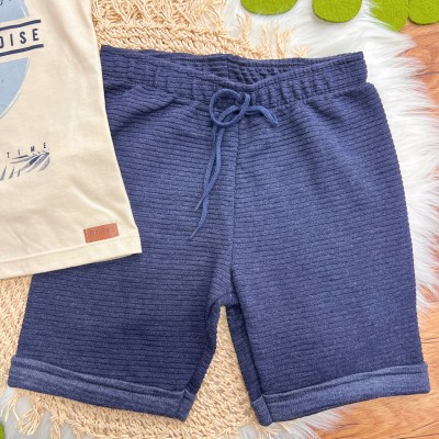 Conj. Camiseta Tropical Paradise e Bermuda em Moletinho - Creme e Marinho